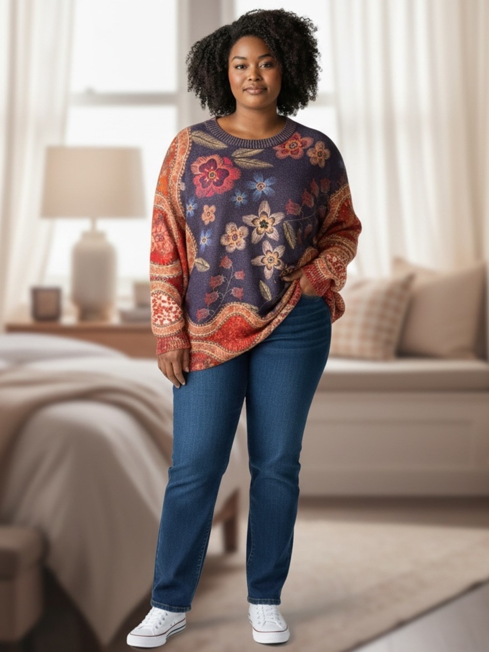 Women’s Colorful Mixed Print Crewneck Sweater 2X
